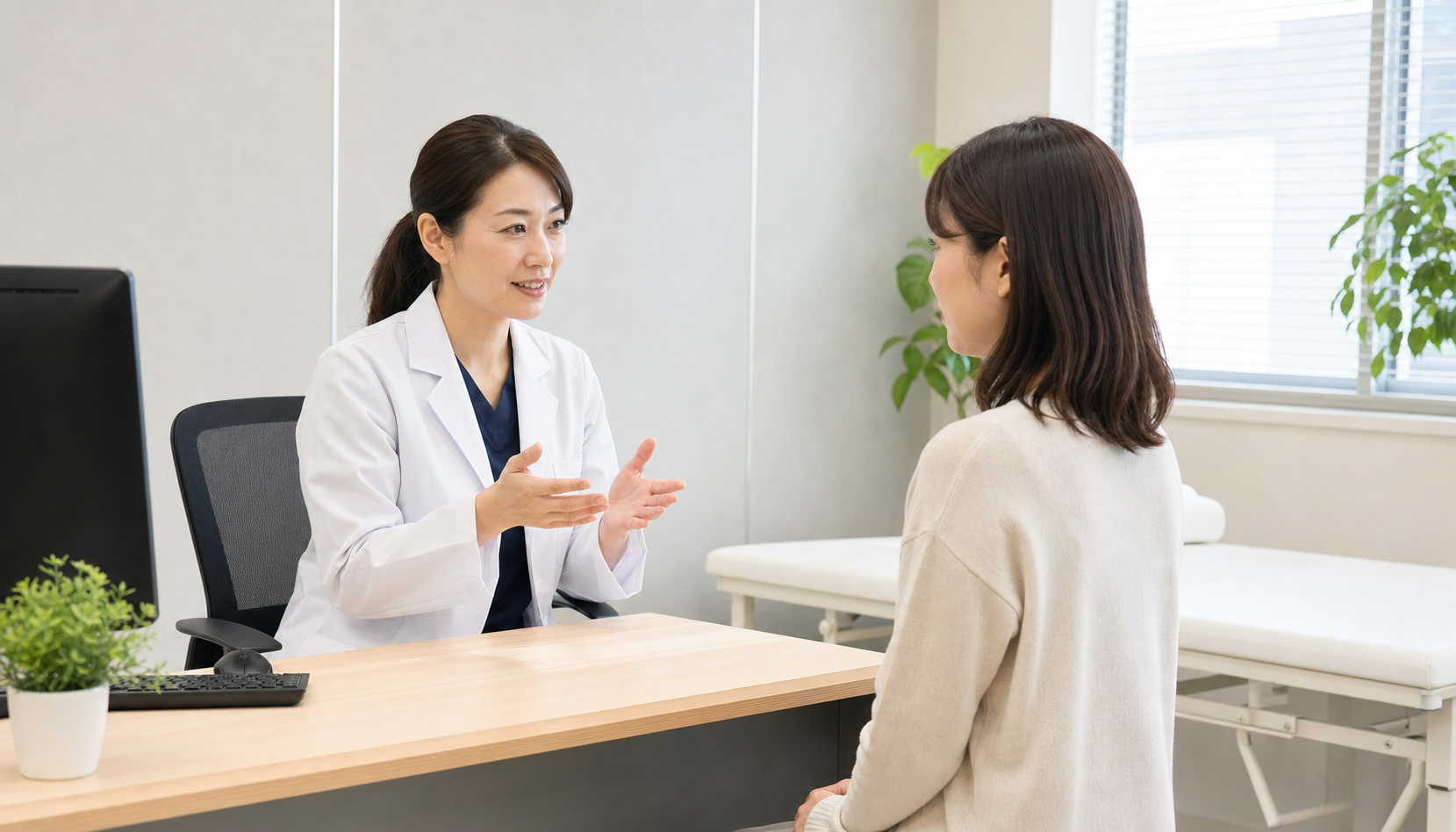 医師が患者に健診結果について丁寧に説明している様子