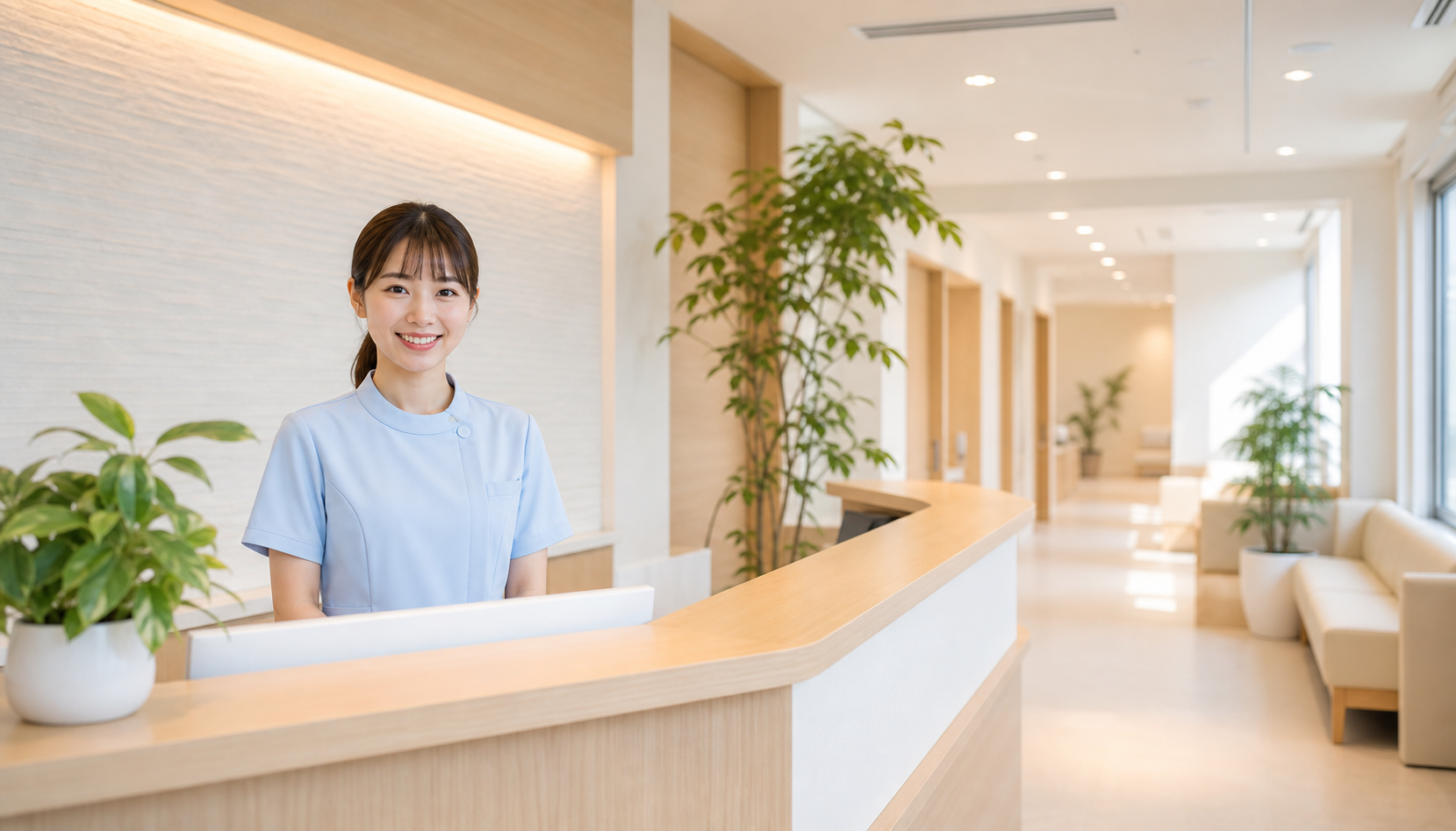 明るく清潔な受付でスタッフが笑顔でお迎えします