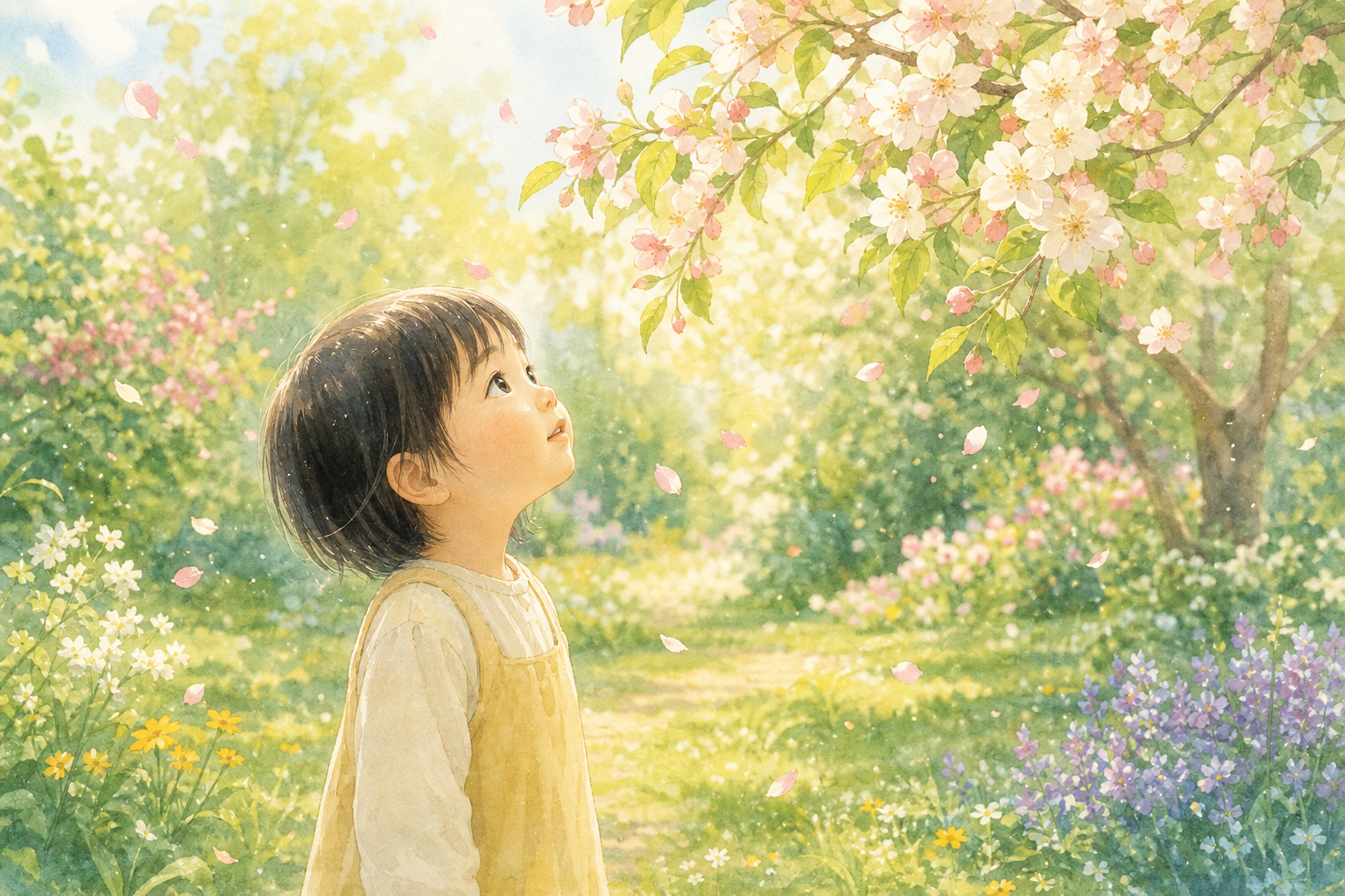 春の花の中にいる子どものイラスト