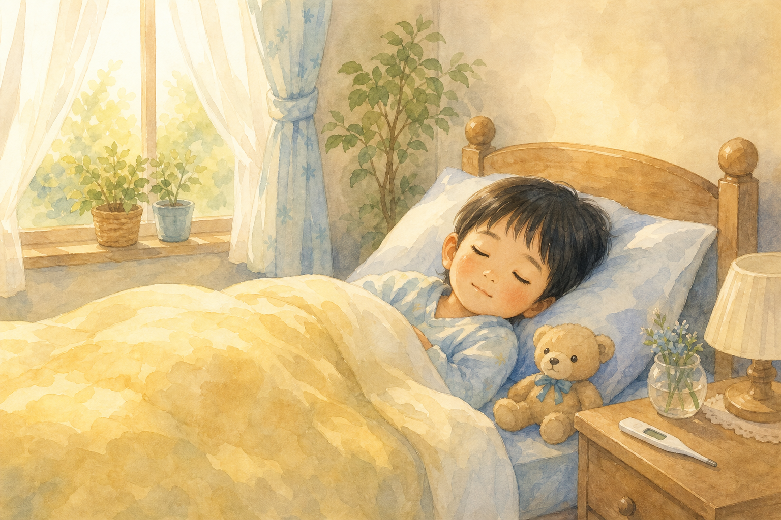 発熱した子どもが体温を測られているイラスト