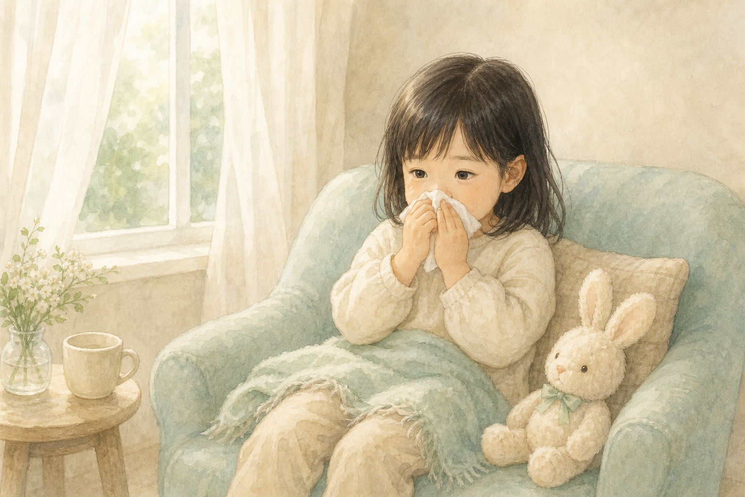 ティッシュで鼻をかむ子どものイラスト
