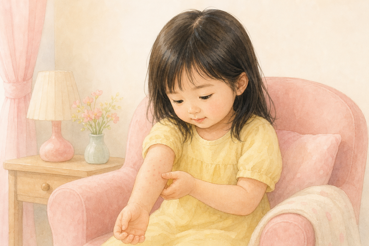 腕の発疹を見ている子どものイラスト